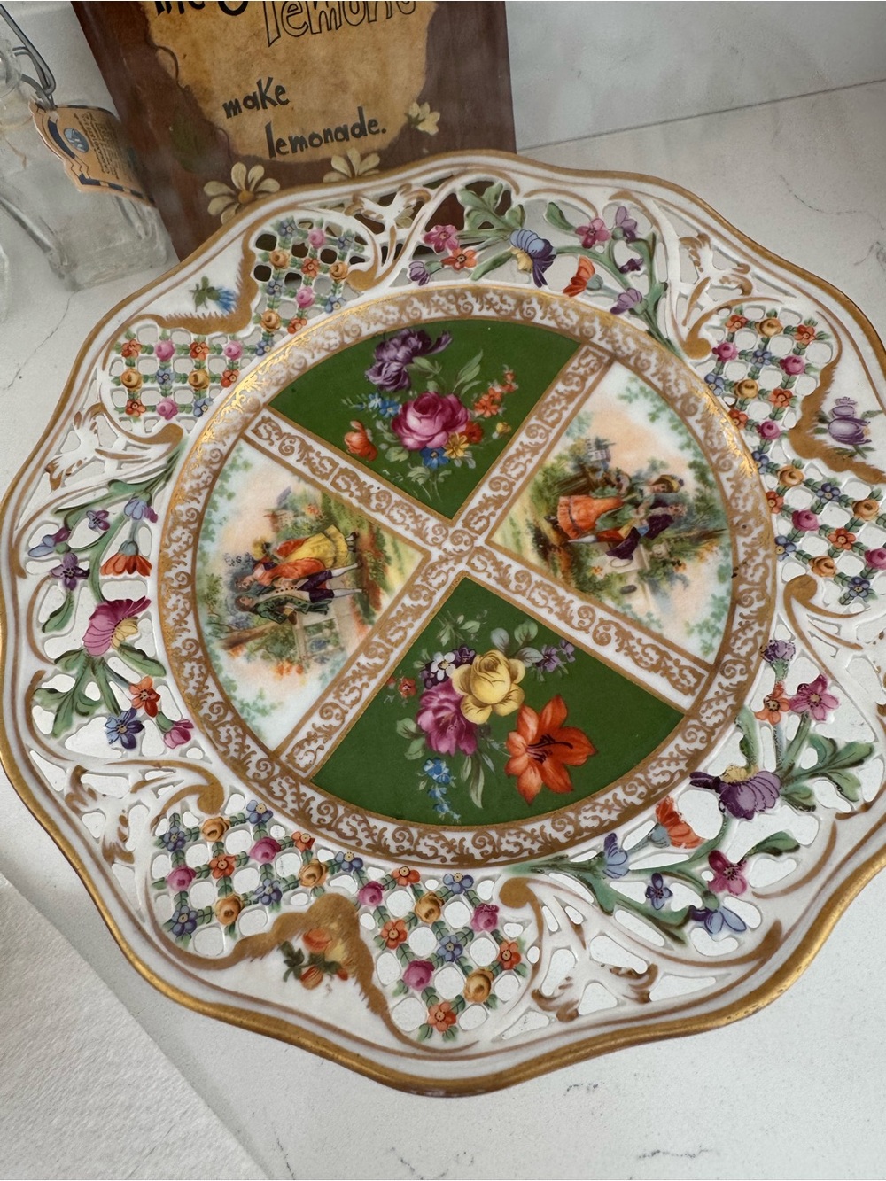 Ornate Green Floral Porcelain Decorative Serving Plate Dresden